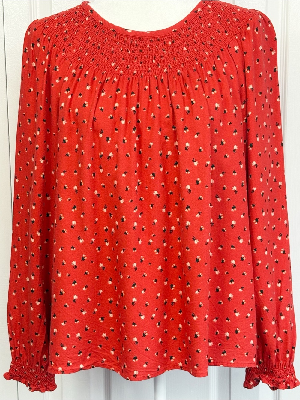 Sonoma Orange & Black Ditsy Floral Boho Smocked Neck Long Sleeve Blouse XL